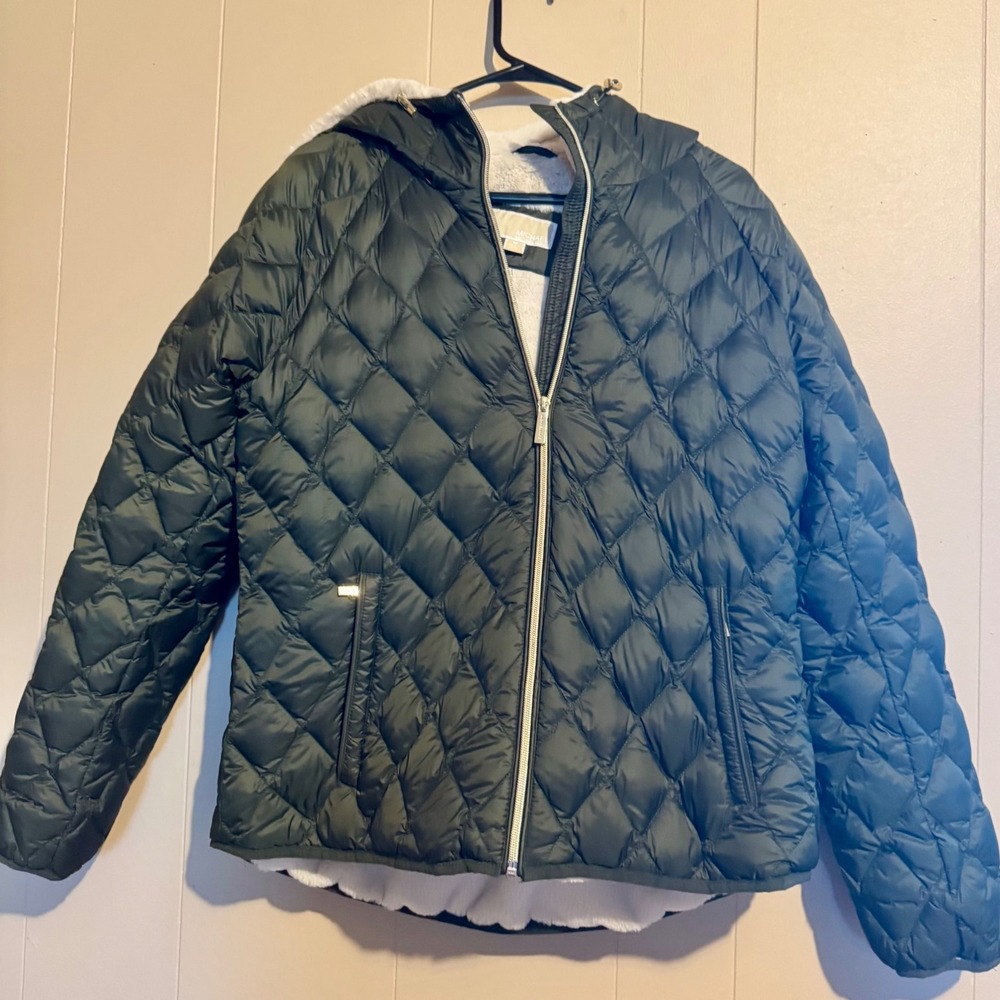 MICHAEL KORS W Med Olive Green Quilted Puffer Jacket Hooded shearling Lined Coat